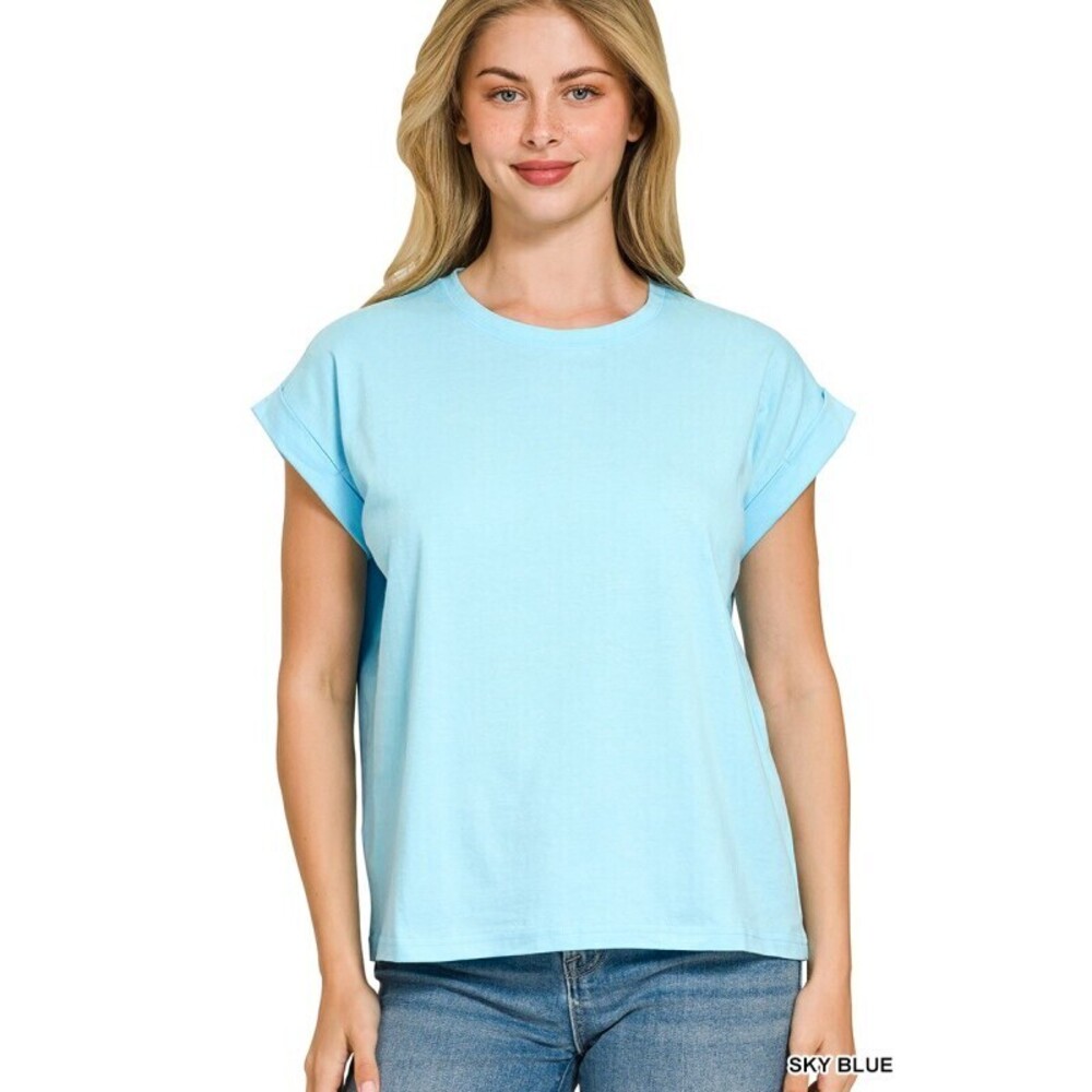 Z1 SBLUE Zenana Round Neck Folded Short Sleeve T-Shirt Various Sizes